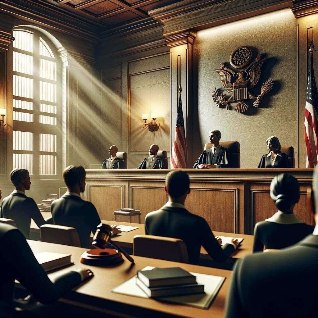 Depiction of a Judge and Attorneys Engaged in a Motion Hearing