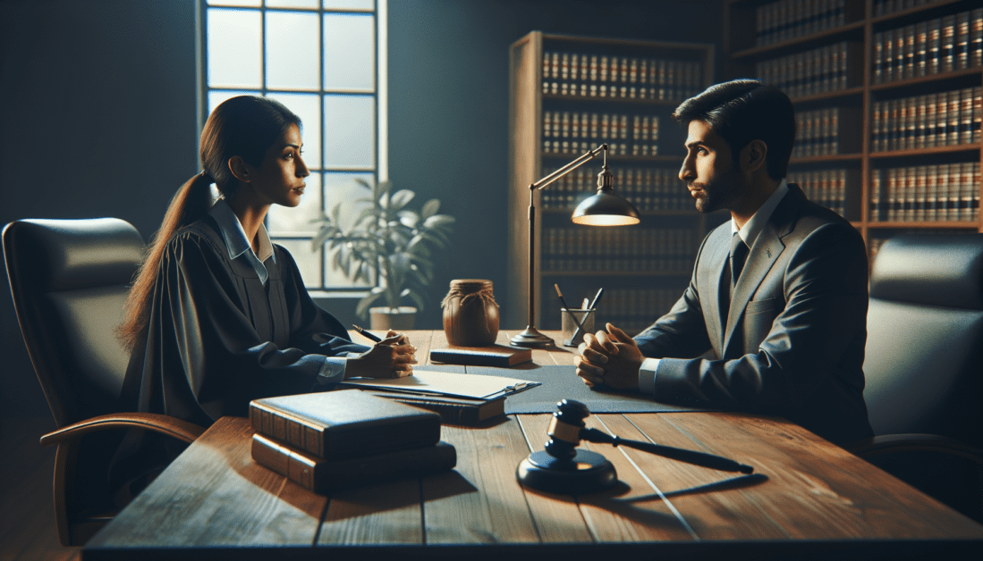 Person covering face in distress, legal concept