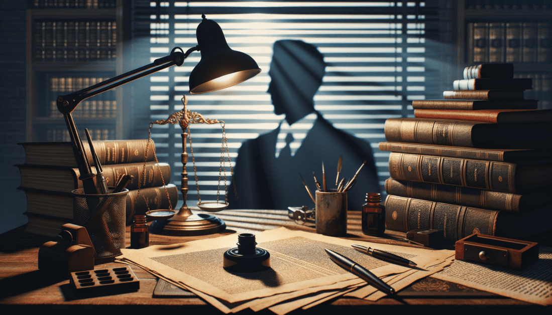 Attorney reviewing legal documents at desk
