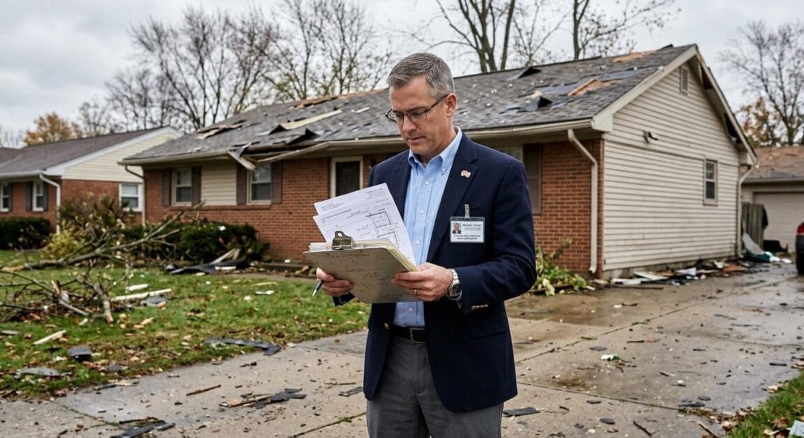 a Man in a Navy Blazer Wearing an Id Badge Reads Documents on a Clipboard Outside a Damaged House with a Torn Roof and Debris Scattered on the Yard.