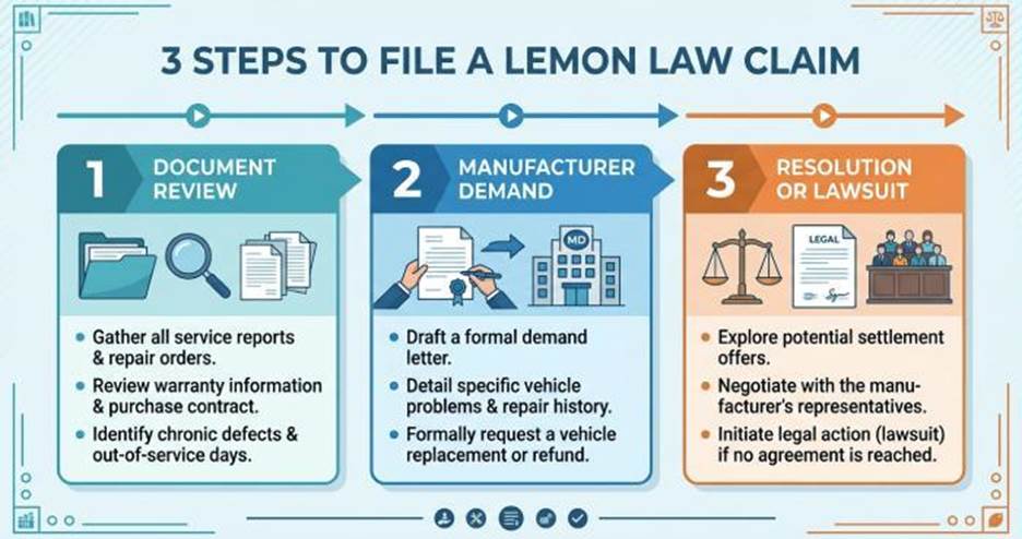 Three-step Infographic for Lemon Law Claims: 1) Document Review, 2) Manufacturer Demand, 3) Resolution or Lawsuit with Settlement Options.