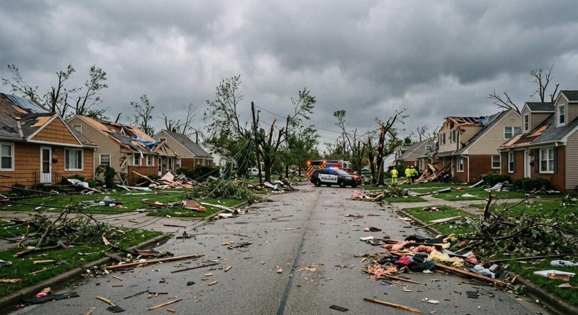 Suburban Street Littered with Debris and Damaged Homes After a Storm; a Police Car and Responders Are Visible in the Distance.