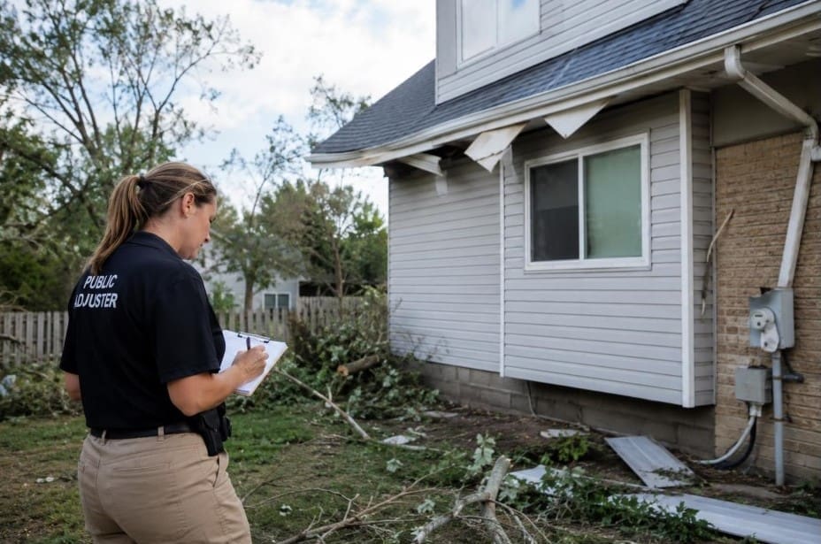 Public adjuster in a dark polo and khaki pants holds a clipboard while surveying storm damage to a house exterior, with fallen branches and damaged siding nearby, under a cloudy sky.