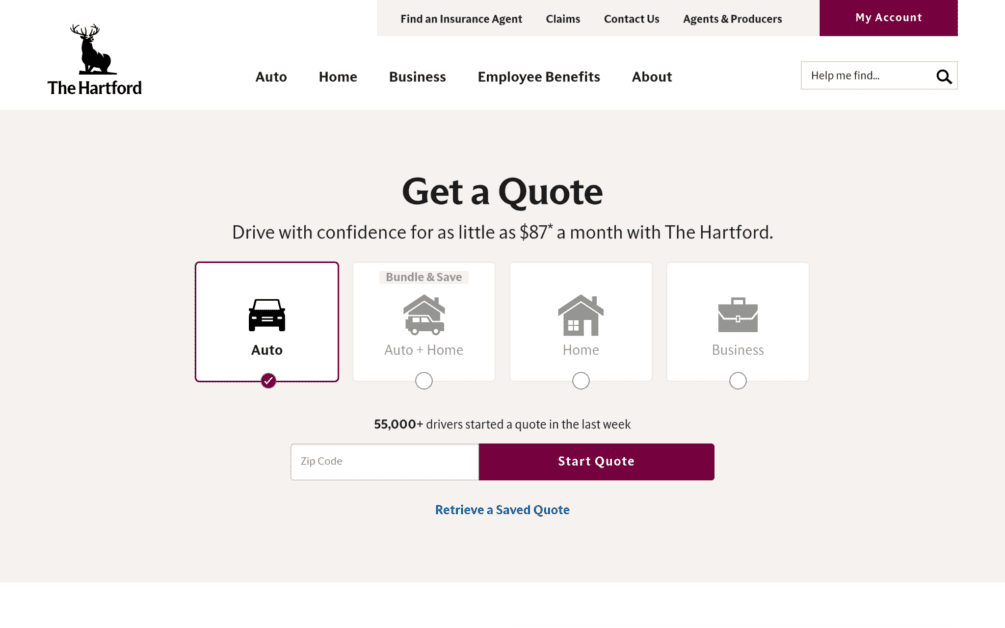 Get a Quote Section Showing Four Insurance Plan Options: Auto (selected with Purple Border), Auto + Home, Home, and Business.