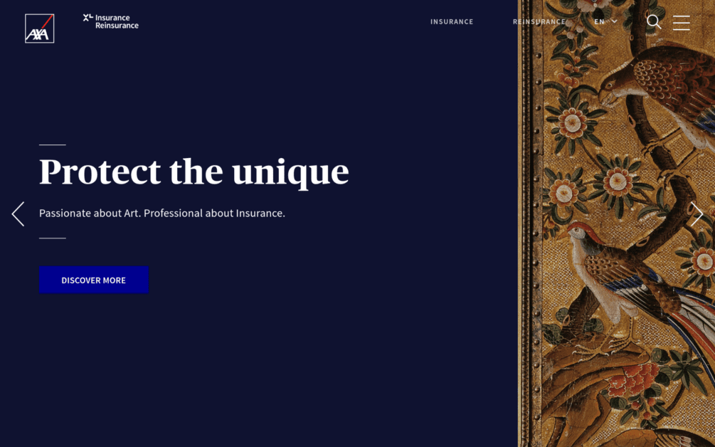 Hero Section with Axa Logos on Dark Navy Background, Large White 'protect the Unique' Headline, Subtitle About Art Insurance, Blue 'discover More' Button, and a Gold Ornamental Panel with Birds on the Right.