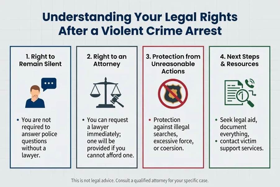 Understanding Your Legal Rights After a Violent Crime Arrest: Four Panels Cover 1) Right to Remain Silent, 2) Right to an Attorney, 3) Protection from Unreasonable Actions, 4) Next Steps and Resources.