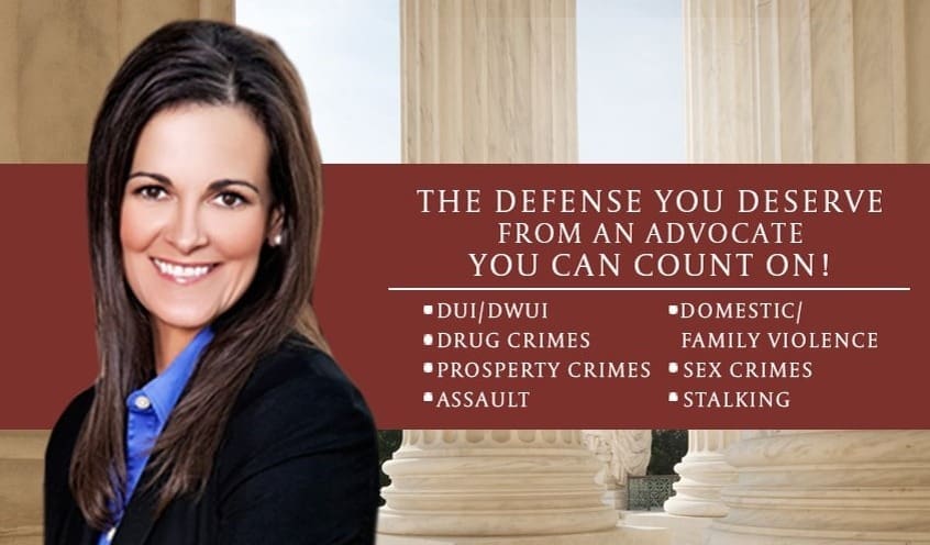 Portrait of a Smiling Woman in a Blazer Beside a Brown Banner That Reads: 'the Defense You Deserve from an Advocate You Can Count On,' Listing Defense Areas Like Dui/dwi, Drug Crimes, Property Crimes, Assault, Domestic Violence, Sex Crimes, and Stalking.