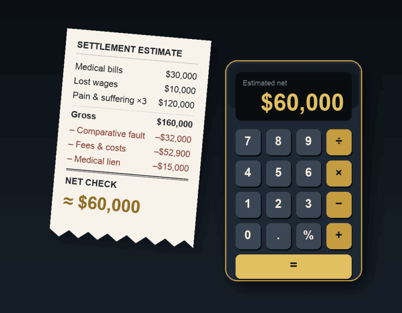 Receipt Titled Settlement Estimate Showing Medical Bills, Lost Wages, Pain & Suffering, and a Net Check of ≈ ,000 Alongside a Calculator Displaying ,000 As Estimated Net.