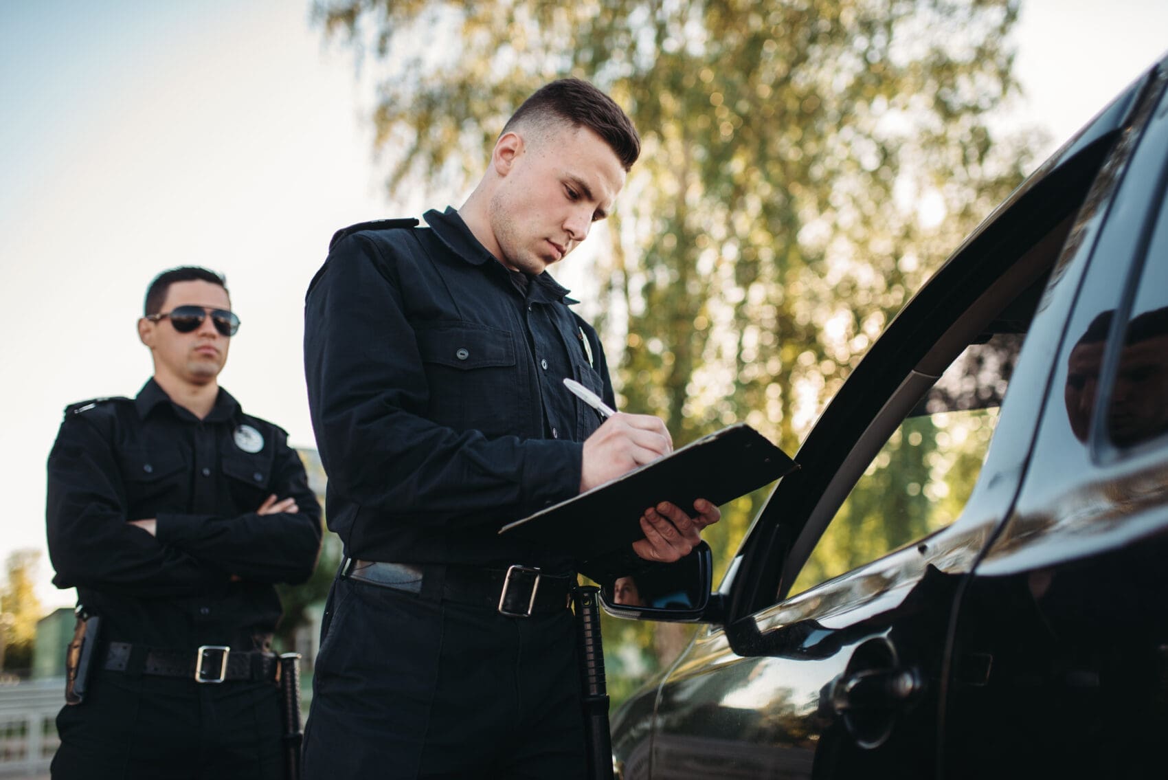 Two Police Officers in Black Uniforms Outside a Vehicle; One Writes on a Clipboard While the Other Stands Nearby in Sunglasses.