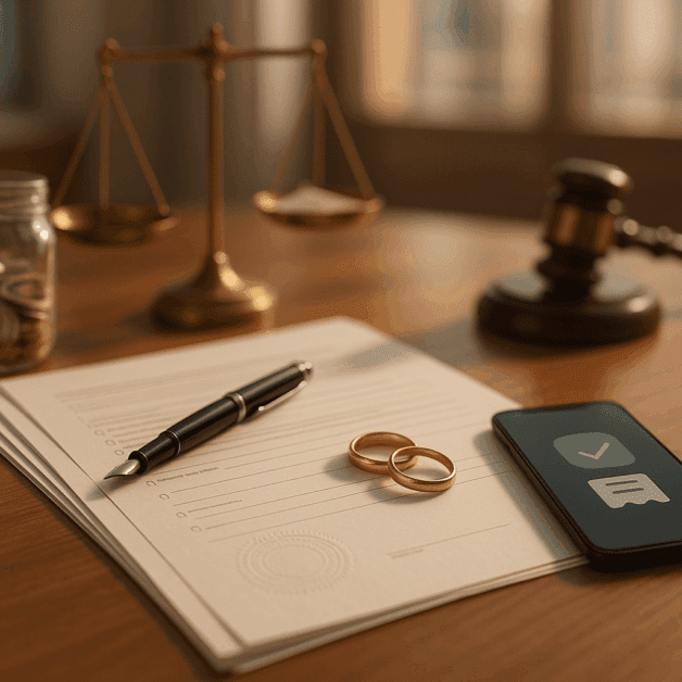 Prenuptial agreement document with pen and rings