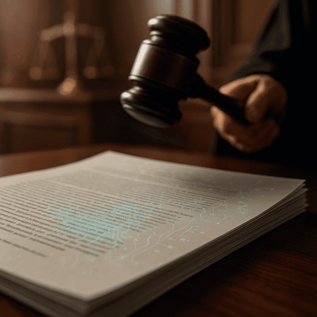 Gavel beside a laptop showing AI contract text