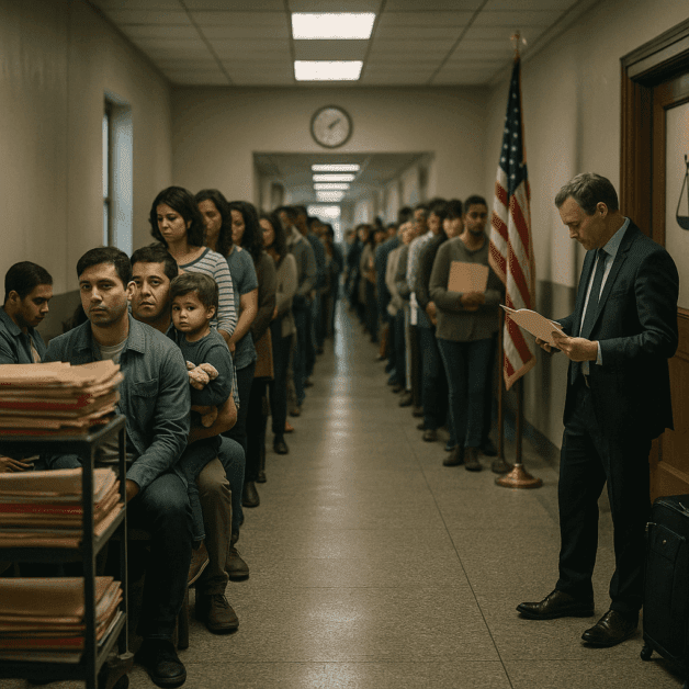 The Immigration Court Backlog Just Hit a New Record — What It Means for Your Hearing - Attorneys.Media - Legal Expert Interviews & Trusted Advice Immigration Court Hearing Room with Crowded Waiting Area