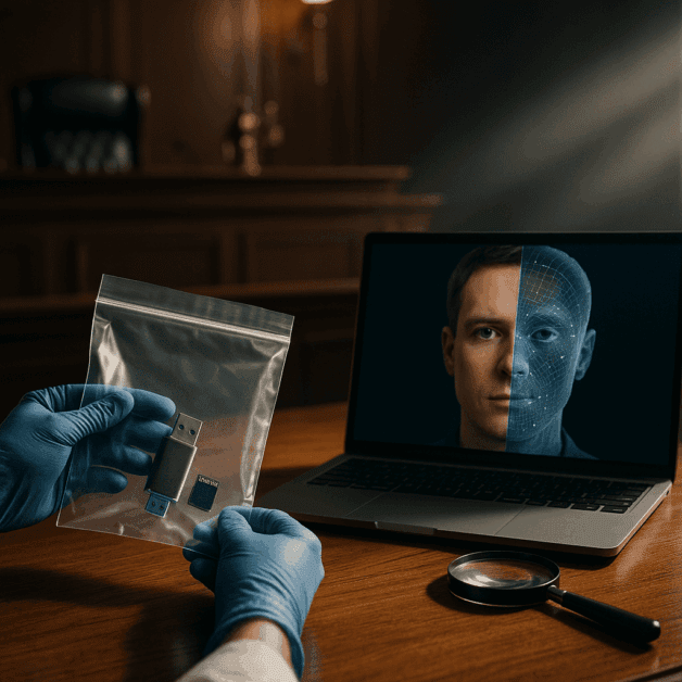 Gavel beside a glowing AI digital screen in court