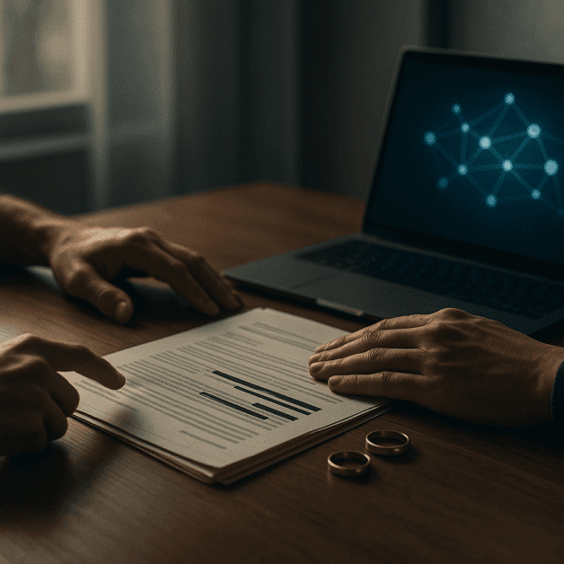 Divorce papers beside a glowing AI chat screen