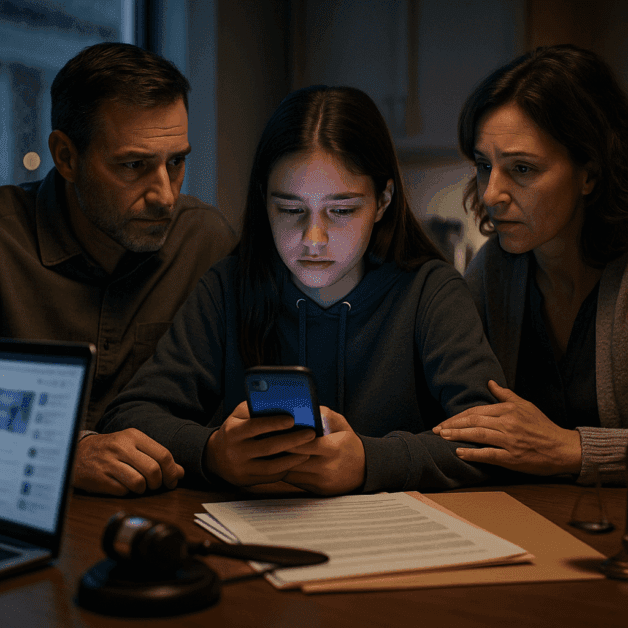 Teens on phones, Meta logo, legal scales