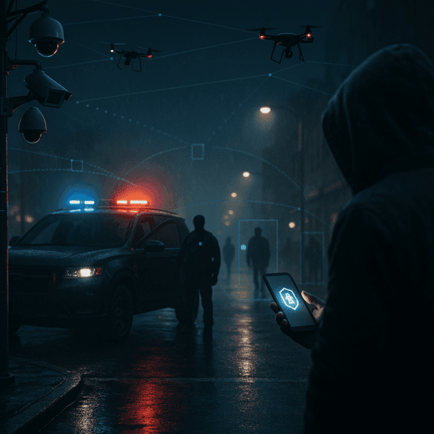 Police camera with AI surveillance overlay