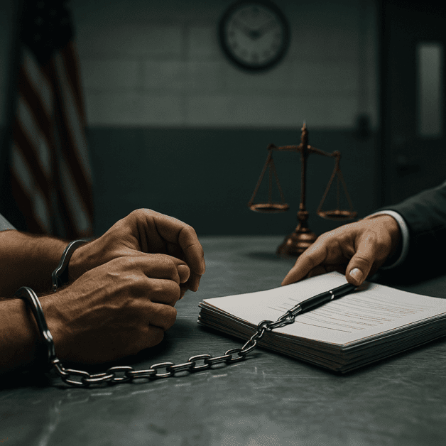 Defendant Signing Plea Bargain Agreement in Court