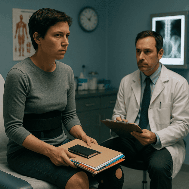 Doctor reviewing medical files at desk
